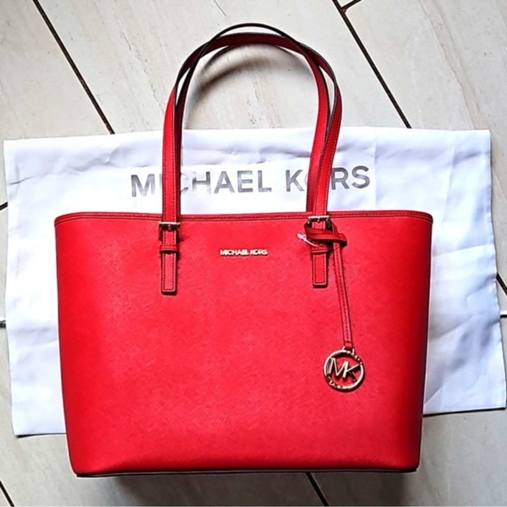 New❤️MICHAEL Michael Kors Quinn Crimson Bold Red Large Tote Shoulder Bag NWT